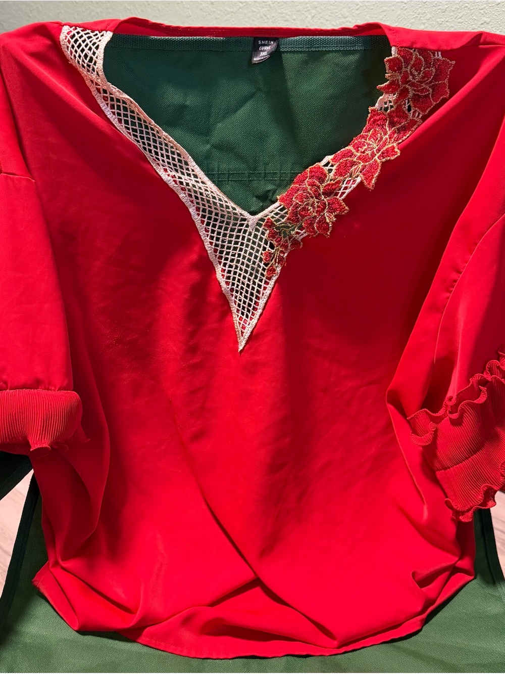 SHEIN Red Floral Applique V-Neck Top with Crochet Trim